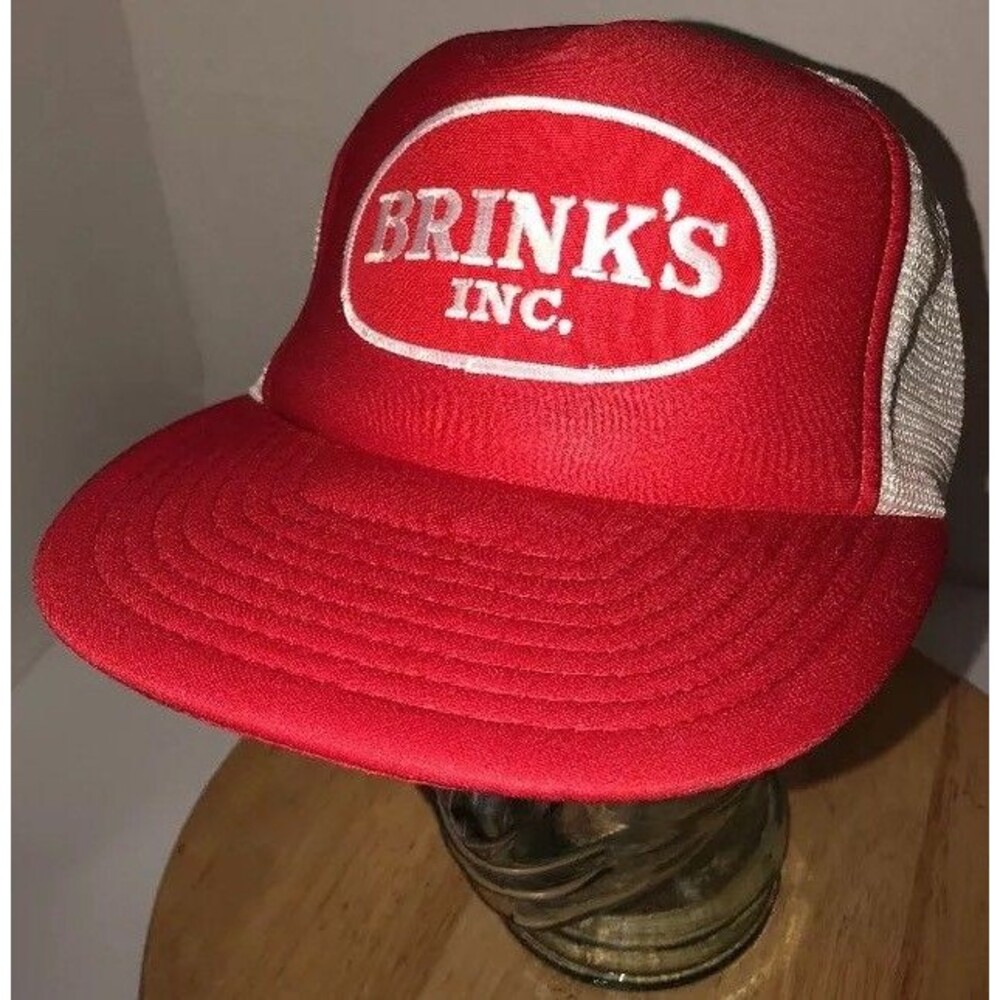 Vintage BRINK'S INC 80s Red White Trucker Hat Cap Snapback Wear Guard EMPLOYEE